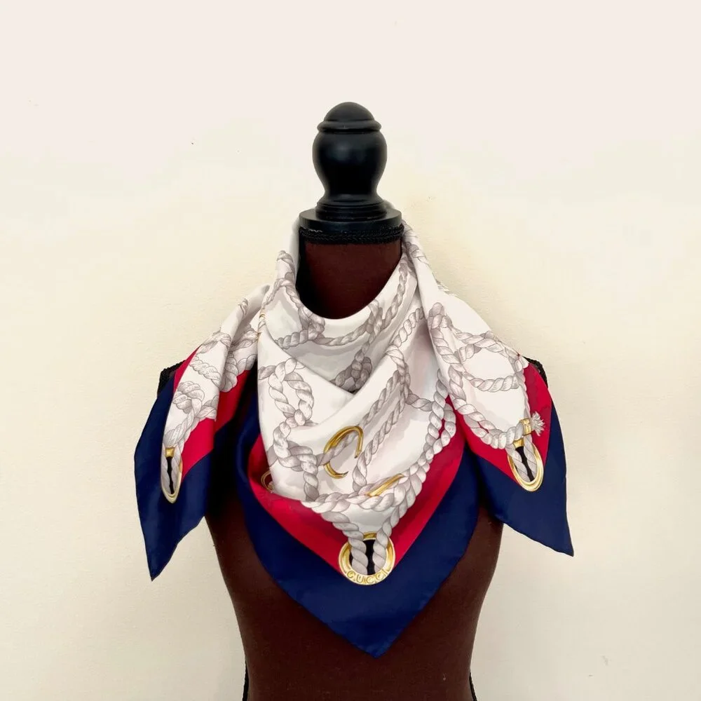 New Gucci Scarf GG Logo Ropes Print Nautical Style Silk Wrap